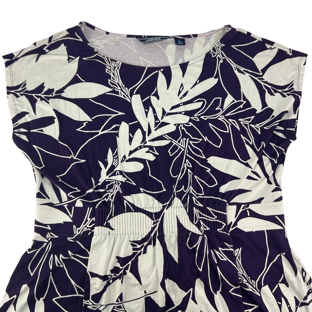 Lands End L Women's Purple White Floral Cap Sleeve Stretch Maxi resort Dress